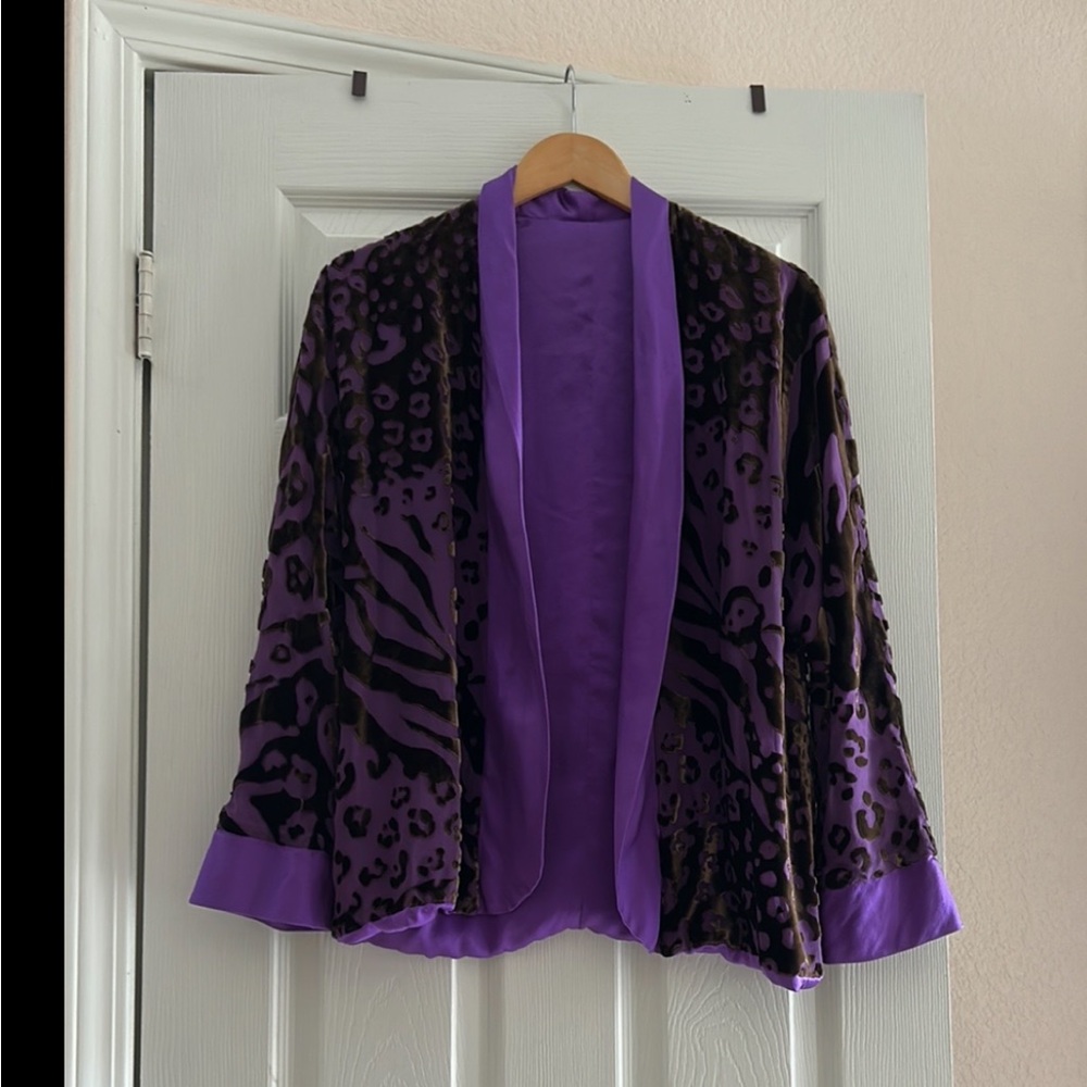 Vintage Purple Velour Trim Satin Open Cardigan Women’s Sz M